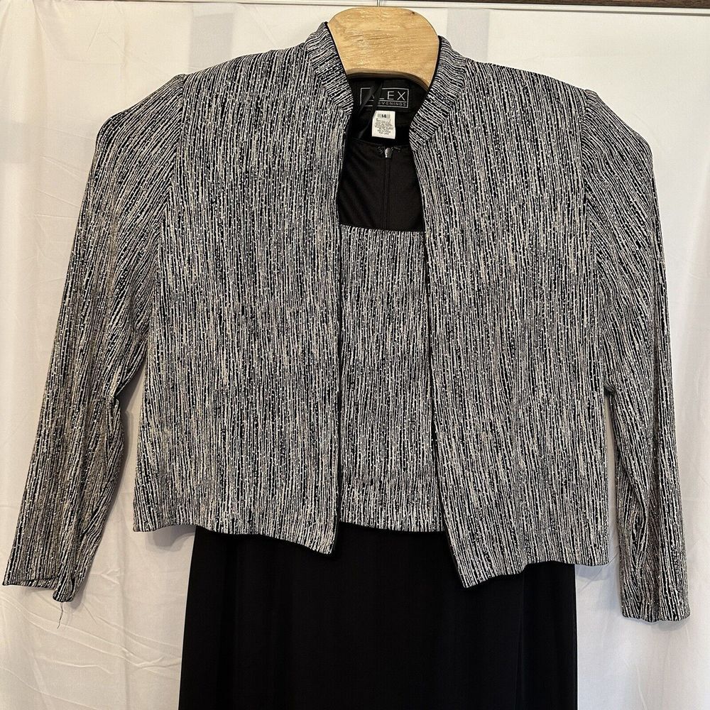 Alex Evenings Women Size 14 Maxi Dress W/ Jacket Black Silver Sparkle Set Formal
